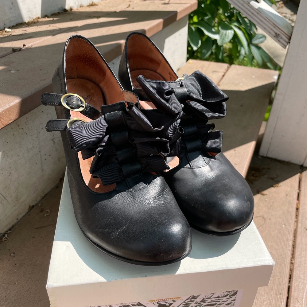 John Fluevog Caravaggio Baroque T-Strap Heel with Bows Horse Black